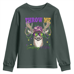 Funny Mardi Gras Mississippi Deer Youth Sweatshirt Throw Me Something Mister Beads TS11 Dark Forest Green Print Your Wear