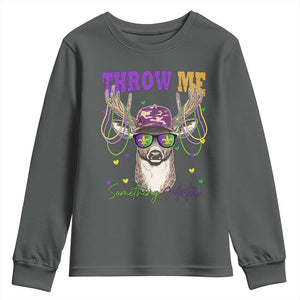 Funny Mardi Gras Mississippi Deer Youth Sweatshirt Throw Me Something Mister Beads TS11 Dark Heather Print Your Wear