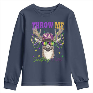 Funny Mardi Gras Mississippi Deer Youth Sweatshirt Throw Me Something Mister Beads TS11 Navy Print Your Wear