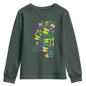 Funny Mardi Gras Mississippi Map Coquette Bow Youth Sweatshirt TS11 Dark Forest Green Print Your Wear