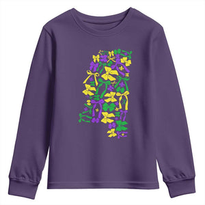 Funny Mardi Gras Mississippi Map Coquette Bow Youth Sweatshirt TS11 Purple Print Your Wear