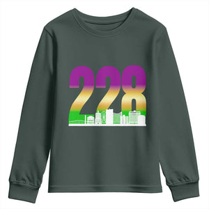 Funny Mardi Gras In Biloxi Mississippi Youth Sweatshirt 228 Skyline Area Code TS11 Dark Forest Green Print Your Wear