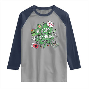 Funny St Patrick's Day Nurse Raglan Shirt Nurses Love Shenanigans Nurse Life Shamrock TS11 Sport Gray Navy Print Your Wear
