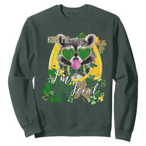 Funny St Patrick's Day Racoon Sweatshirt Kiss Me I'm Feral Horseshoe Shamrock TS11 Dark Forest Green Print Your Wear
