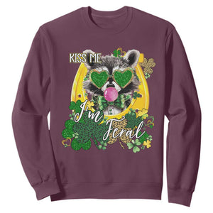 Funny St Patrick's Day Racoon Sweatshirt Kiss Me I'm Feral Horseshoe Shamrock TS11 Maroon Print Your Wear