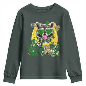 Funny St Patrick's Day Racoon Youth Sweatshirt Kiss Me I'm Feral Horseshoe Shamrock TS11 Dark Forest Green Print Your Wear
