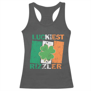 Funny St Patrick's Day Luckiest Rizzler Racerback Tank Top Vintage Ireland Flag Shamrock TS11 Dark Heather Print Your Wear