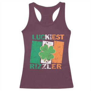 Funny St Patrick's Day Luckiest Rizzler Racerback Tank Top Vintage Ireland Flag Shamrock TS11 Maroon Print Your Wear