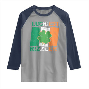 Funny St Patrick's Day Luckiest Rizzler Raglan Shirt Vintage Ireland Flag Shamrock TS11 Sport Gray Navy Print Your Wear