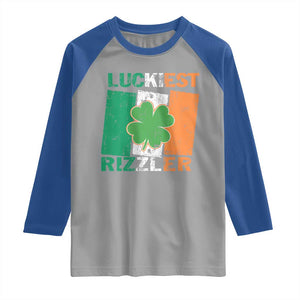 Funny St Patrick's Day Luckiest Rizzler Raglan Shirt Vintage Ireland Flag Shamrock TS11 Sport Gray Royal Print Your Wear