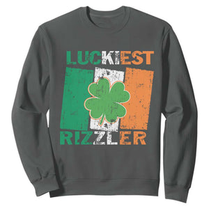 Funny St Patrick's Day Luckiest Rizzler Sweatshirt Vintage Ireland Flag Shamrock TS11 Dark Heather Print Your Wear