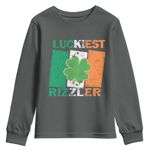 Funny St Patrick's Day Luckiest Rizzler Youth Sweatshirt Vintage Ireland Flag Shamrock TS11 Dark Heather Print Your Wear