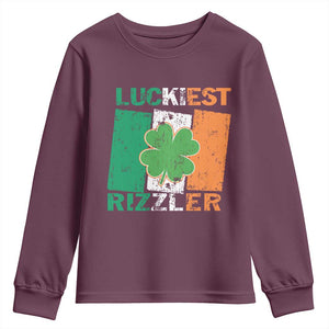 Funny St Patrick's Day Luckiest Rizzler Youth Sweatshirt Vintage Ireland Flag Shamrock TS11 Maroon Print Your Wear