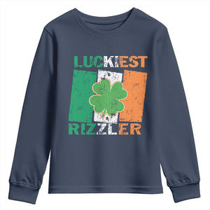 Funny St Patrick's Day Luckiest Rizzler Youth Sweatshirt Vintage Ireland Flag Shamrock TS11 Navy Print Your Wear