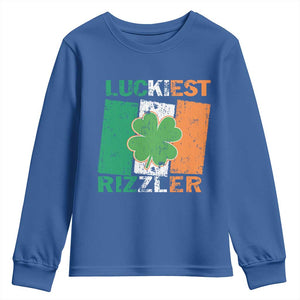 Funny St Patrick's Day Luckiest Rizzler Youth Sweatshirt Vintage Ireland Flag Shamrock TS11 Royal Blue Print Your Wear