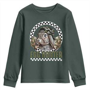 Funny Easter Day Egg Hunter Youth Sweatshirt Bunny Hunting Camo Egg TS11 Dark Forest Green Print Your Wear