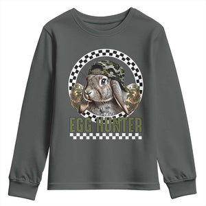 Funny Easter Day Egg Hunter Youth Sweatshirt Bunny Hunting Camo Egg TS11 Dark Heather Print Your Wear