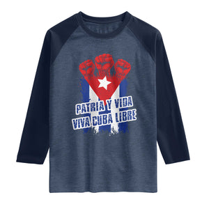 Patria y Vida Cuba Libre Raglan Shirt Cuba Flag Fist Freedom Movement TS11 Heather Denim Navy Print Your Wear