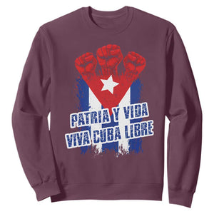 Patria y Vida Cuba Libre Sweatshirt Cuba Flag Fist Freedom Movement TS11 Maroon Print Your Wear