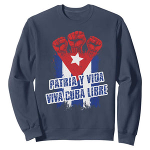 Patria y Vida Cuba Libre Sweatshirt Cuba Flag Fist Freedom Movement TS11 Navy Print Your Wear