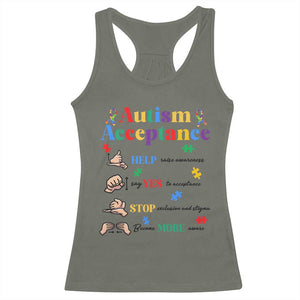 Autism Awareness Acceptance Hand Sign Language SPED Teacher Racerback Tank Top TS11 Military Green Print Your Wear
