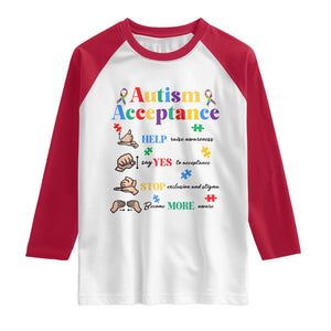 Autism Awareness Acceptance Hand Sign Language SPED Teacher Raglan Shirt TS11 White Red Print Your Wear