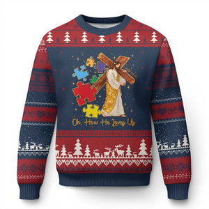 Autism Awareness Jesus Ugly Christmas Sweater Oh How He Loves Us Christian Bible Verse TS11 Navy Red Print Your Wear
