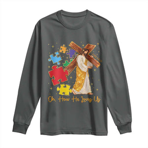 Autism Awareness Jesus Long Sleeve Shirt Oh How He Loves Us Christian Bible Verse TS11 Dark Heather Print Your Wear