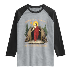 Jesus Coming Out Of My Cave And I Have Been Doing Just Fine Raglan Shirt Funny Christian Easter TS11 Heather Gray Black Print Your Wear