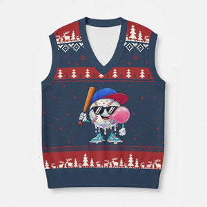 Baseball Bubble Gum Sports Game Day V-Neck Knit Sweater Vest TS11 Navy Red Print Your Wear