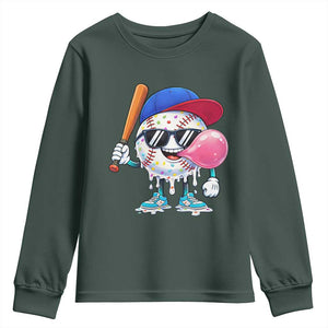 Baseball Bubble Gum Sports Game Day Youth Sweatshirt TS11 Dark Forest Green Print Your Wear