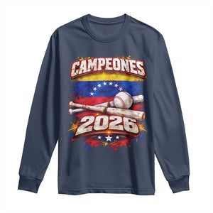 Venezuela Campeones 2026 Baseball Championship Long Sleeve Shirt Vintage Venezuelan Flag TS11 Navy Print Your Wear
