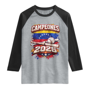 Venezuela Campeones 2026 Baseball Championship Raglan Shirt Vintage Venezuelan Flag TS11 Heather Gray Black Print Your Wear
