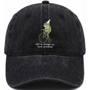 Off To Wrangle My Feral Grandkids Funny Grandparents Frog Washed Cotton Baseball Cap