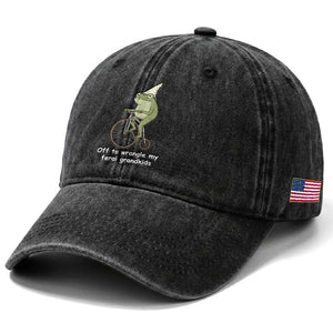 Off To Wrangle My Feral Grandkids Funny Grandparents Frog Washed Cotton Baseball Cap