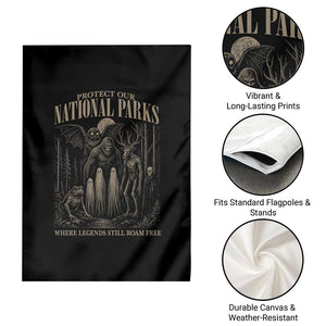 Protect Our National Parks Funny Cryptid Weirdcore Garden Flag Where Legends Still Roam Free Bigfoot Monthman