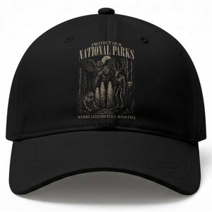Protect Our National Parks Funny Cryptid Weirdcore Baseball Cap Where Legends Still Roam Free Bigfoot Monthman