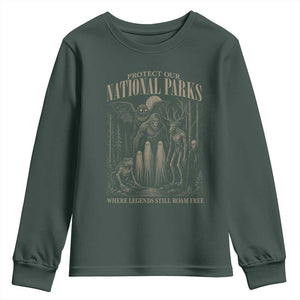 Protect Our National Parks Funny Cryptid Weirdcore Youth Sweatshirt Where Legends Still Roam Free Bigfoot Monthman