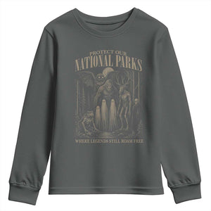 Protect Our National Parks Funny Cryptid Weirdcore Youth Sweatshirt Where Legends Still Roam Free Bigfoot Monthman