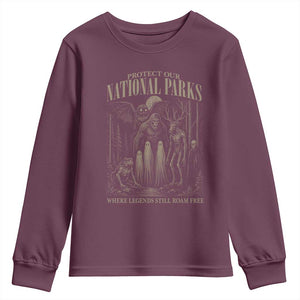 Protect Our National Parks Funny Cryptid Weirdcore Youth Sweatshirt Where Legends Still Roam Free Bigfoot Monthman