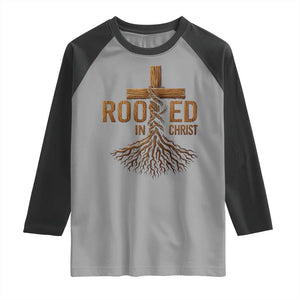 Rooted In Christ Raglan Shirt Vintage Jesus Christian Cross Bible Verse TS11 Sport Gray Black Print Your Wear