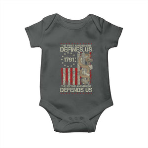 The First Amendment Defines Us The Second Defend Us Baby Onesie Vintage American Flag TS11 Dark Heather Print Your Wear