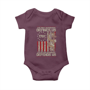 The First Amendment Defines Us The Second Defend Us Baby Onesie Vintage American Flag TS11 Maroon Print Your Wear