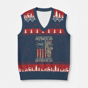 The First Amendment Defines Us The Second Defend Us V-Neck Knit Sweater Vest Vintage American Flag - Print Your Wear