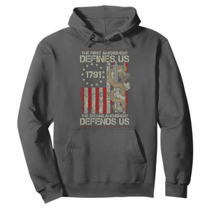 The First Amendment Defines Us The Second Defend Us Hoodie Vintage American Flag TS11 Dark Heather Print Your Wear