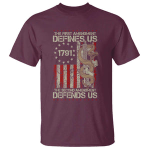 The First Amendment Defines Us The Second Defend Us T Shirt Vintage American Flag TS11 Maroon Print Your Wear