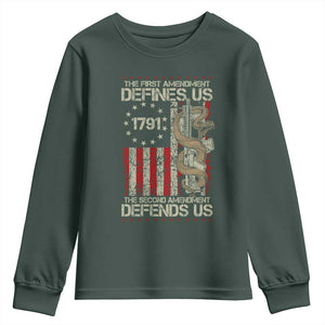 The First Amendment Defines Us The Second Defend Us Youth Sweatshirt Vintage American Flag TS11 Dark Forest Green Print Your Wear
