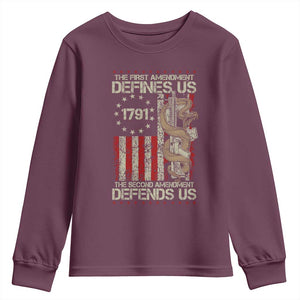 The First Amendment Defines Us The Second Defend Us Youth Sweatshirt Vintage American Flag TS11 Maroon Print Your Wear