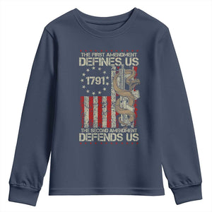 The First Amendment Defines Us The Second Defend Us Youth Sweatshirt Vintage American Flag TS11 Navy Print Your Wear