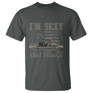 Funny I Am Sexy And I Mow It T Shirt Gardening Lawn Mower American Flag Fathers Day TS11 Dark Heather Print Your Wear